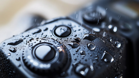 Explore a detailed view of a camera glistening with raindrops highlighting its resilience.の素材