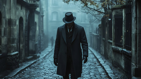 A cloaked man strolls through an eerie fog-laden street evoking mystery and suspense.の素材