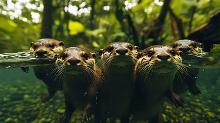 A group of otters swims playfully in a lush rainforest river showcasing their lively interactions.の素材
