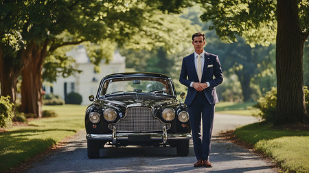 A stylish man in a suit stands next to a vintage car on a picturesque driveway.の素材
