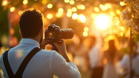 A photographer skillfully captures joyous moments during a lively outdoor event at sunset.の素材