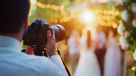 A photographer skillfully captures enchanting moments during a wedding at sunset.の素材