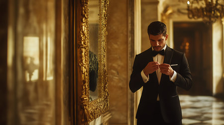 A dapper man in a tuxedo checks his phone in a lavish hall exuding sophistication and intrigue.の素材