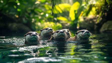 A captivating scene showcasing otters swimming in a vibrant green environment.の素材