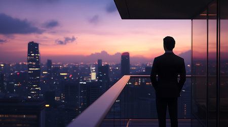 A businessman stands on a balcony reflecting on his future against a stunning city skyline at dusk.の素材