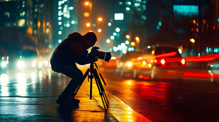 A dedicated photographer captures stunning urban nightscapes amid vibrant city lights.の素材