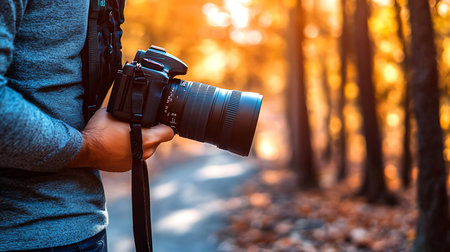 A photographer skillfully captures vibrant autumn scenery in a peaceful forest.の素材