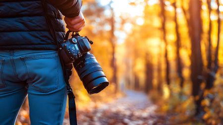 A photographer explores a vibrant autumn forest capturing stunning nature moments.の素材