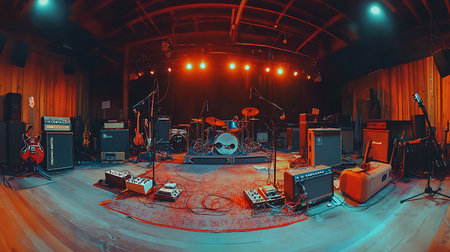 An empty stage set for an electrifying live concert showcasing instruments and lighting ready for action.の素材