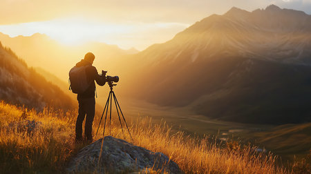 A photographer sets up for a stunning sunset shot among majestic mountains.の素材