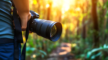 A photographer stands poised to capture stunning forest landscapes bathed in golden light.の素材