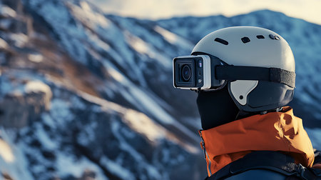 A snowboarder with a helmet-mounted camera enjoys a thrilling descent in a breathtaking mountain setting.の素材