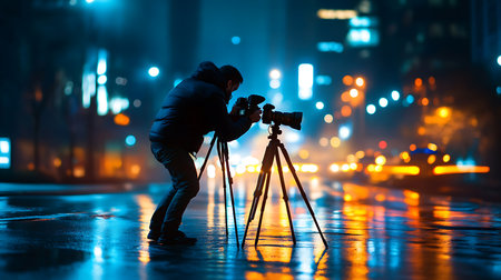 A dedicated photographer captures the vibrant city lights at night showcasing urban beauty through his lens.の素材