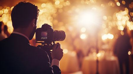 A passionate photographer captures stunning moments at a festive celebration highlighting the joy of the event.の素材