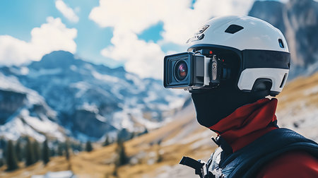 An adventurer uses a camera to capture breathtaking mountain scenery on an exciting expedition.の素材