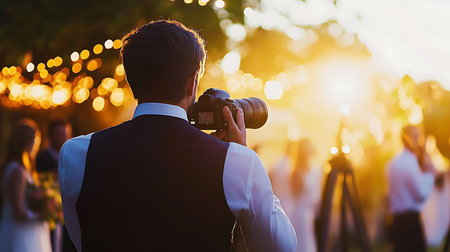 A photographer captures beautiful moments at a wedding during the golden hour showcasing love and joy.の素材