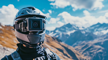 A thrill-seeker captures breathtaking views while exploring rugged mountain terrains.の素材