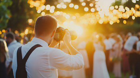 A photographer captures a beautiful moment during a wedding at sunset surrounded by joyful guests.の素材