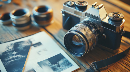A vintage camera rests on a wooden table beside cherished photographs showcasing the art of photography.の素材