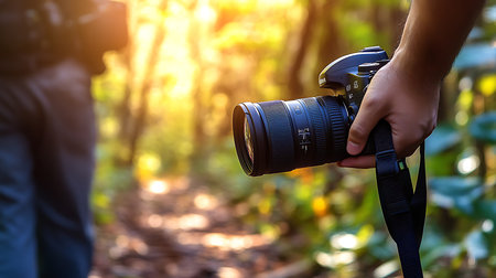 A photographer explores the forest capturing stunning nature shots in a serene environment.の素材