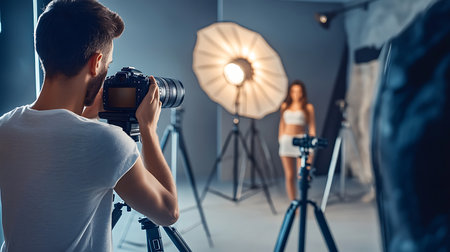 A photographer captures a model in a well-equipped studio showcasing creative lighting.の素材