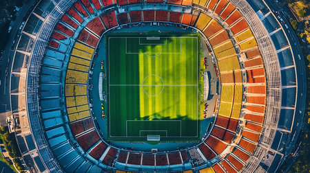 A thrilling aerial view of a soccer match taking place in a colorful stadium highlighting the excitement.の素材