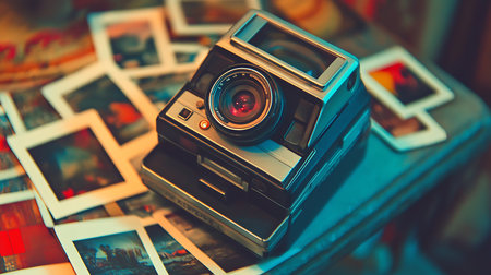 A vintage camera alongside scattered polaroids captures the nostalgia of cherished memories.の素材