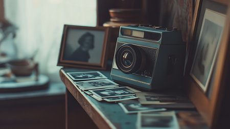 A vintage camera on a wooden shelf surrounded by old photos evoking nostalgia and capturing memories.の素材