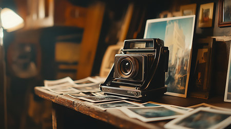 Explore the charm of a vintage camera surrounded by cherished photographs in a cozy setting.の素材