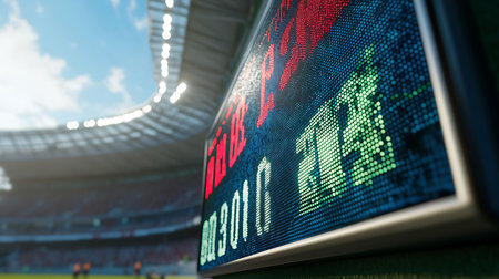 A close-up view of a digital scoreboard capturing the excitement of a sports event in a vibrant stadium.の素材