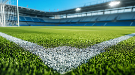 The vibrant grass and goalposts set the stage for an intense soccer match.の素材
