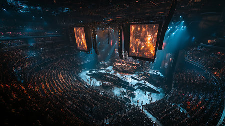 A vibrant live concert showcasing music energy and the excited audience in a large arena.の素材