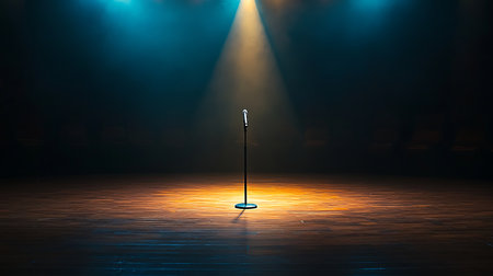A lone microphone on stage awaits the performers creating an atmosphere of anticipation for comedy fans.の素材