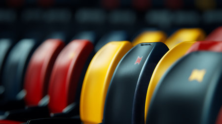 Empty stadium seats create an atmosphere of anticipation ahead of a thrilling sports event.の素材