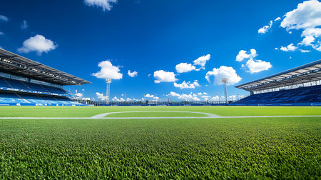 A vibrant football stadium brimming with energy ready for a thrilling match under a clear blue sky.の素材
