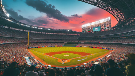 A thrilling baseball game unfolds as fans cheer under a stunning sunset.の素材