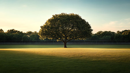 A majestic tree stands alone in a serene field bathed in the warm glow of sunrise.の素材
