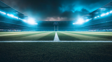 The stadium lights shine brightly as preparations for an exhilarating rugby match commence.の素材