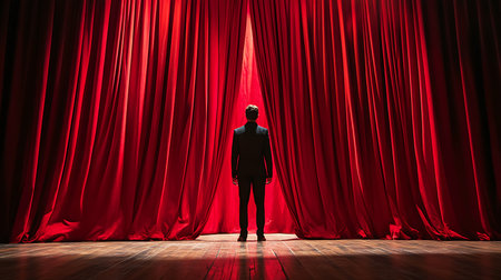A silhouette stands before a red curtain ready to unveil a captivating performance.の素材