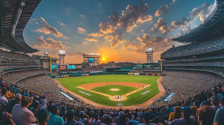 A thrilling baseball game captures an awe-inspiring sunset at a vibrant stadium.の素材
