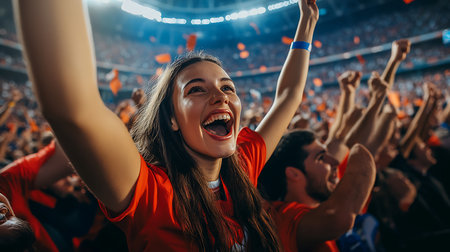 Fans cheer passionately in a vibrant stadium celebrating an exhilarating sports event capturing pure joy.の素材