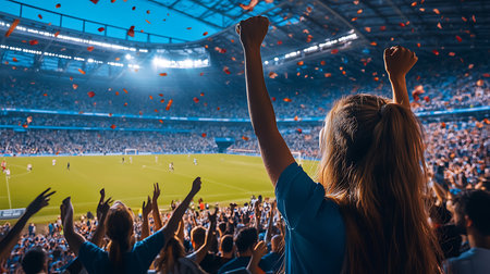 Fans cheer wildly as their team scores creating an electrifying atmosphere in the stadium.の素材