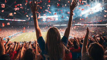 Fans cheer wildly throwing confetti in a vibrant stadium atmosphere during a thrilling football match.の素材