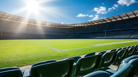 A vibrant stadium awaits the thrilling rugby match capturing anticipation under a clear sky.の素材