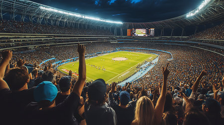 A thrilling soccer match captivates a stadium filled with cheering fans under the night sky.の素材