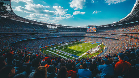 An exhilarating football game captivates fans in a vibrant stadium atmosphere.の素材