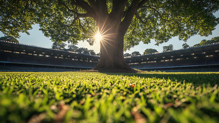 A beautiful tree casts a stunning sunlit shadow on the stadium grass blending nature and sport.の素材
