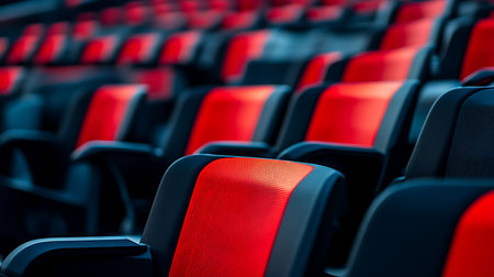 Vibrant seating arrangement showcasing red and black seats in a stadium creating an engaging atmosphere.の素材