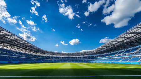 A stunning view of a vibrant stadium under a clear blue sky perfect for sports events.の素材