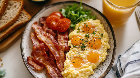 Indulge in a mouthwatering breakfast featuring eggs bacon and fresh greens.の素材